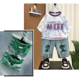 Playful Patchwork Denim & Print Shirt Set